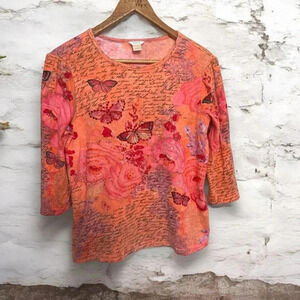 Women's Orange Butterfly Print Top Y2K Sequins beaded Fairycore L